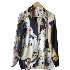 3.1 PHILIP LIM White Tan Black Semi-Sheer Floral Abstract Career Loose Top SZ S